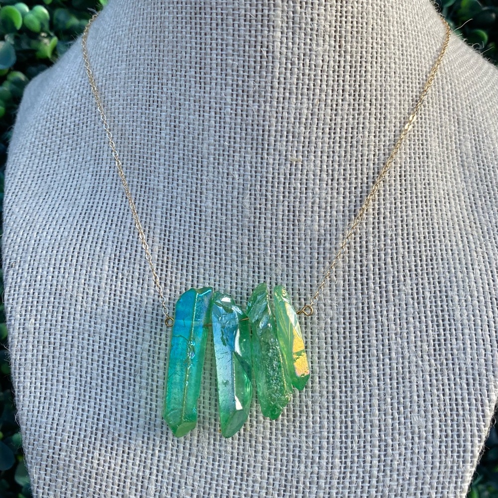Aurora Quartz Crystal Genuine Gemstone Necklace Gold Multi Color Boho Pendant - Picture 3 of 6